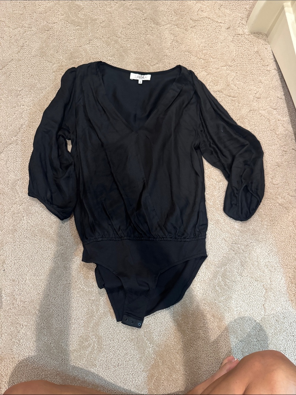 Tibi Black V-Neck Long Sleeve Draped Bodysuit